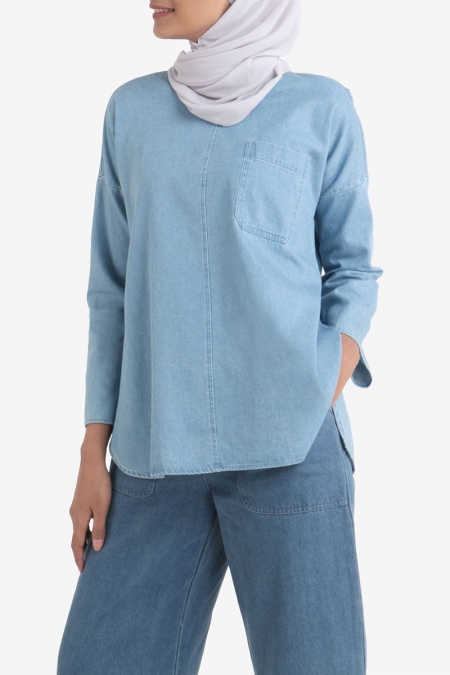 Aleka Drop Shoulder Denim Blouse - Light Wash
