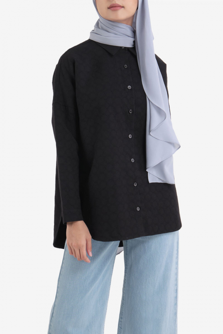 Rida Embroidered Front Button Shirt - Black