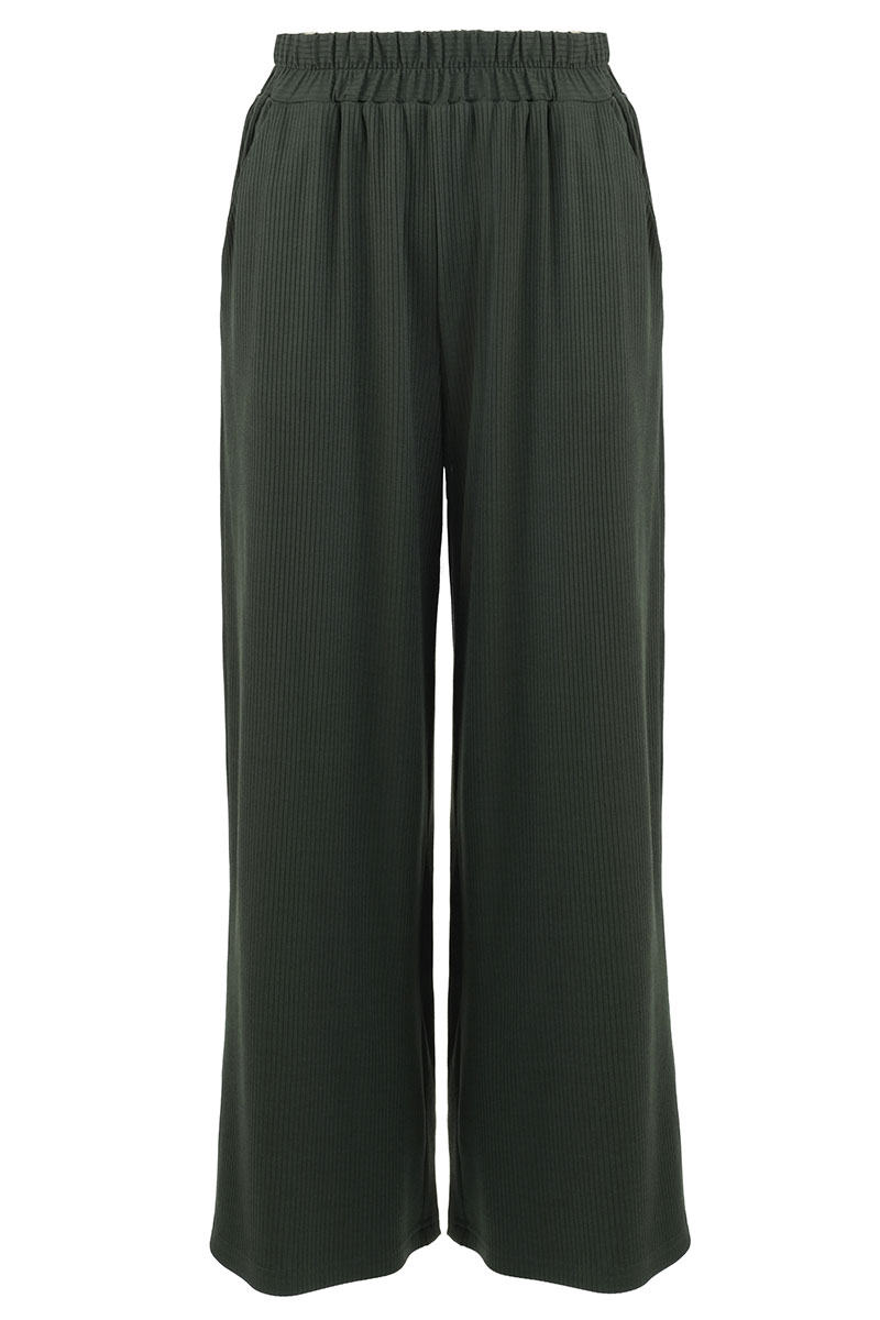 Umaiza Ribbed Knit Wide Legged Pants - Forest Green - Poplook.com