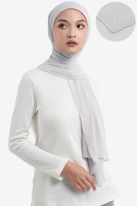 Maisy Scallop Embroidery Headscarf - Light Grey