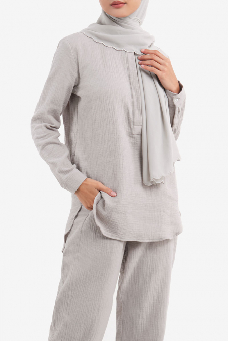 Solara Henley Button Blouse - Light Grey