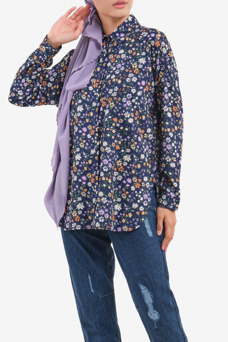 Jolena Front Button Shirt - Navy Mini Flowers