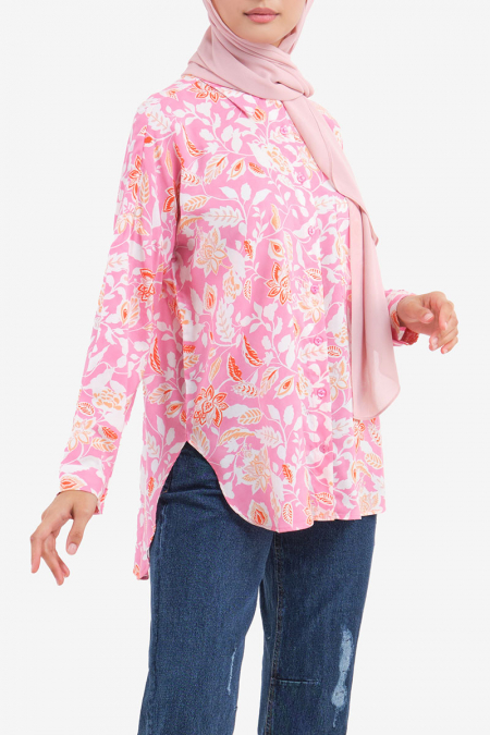 Jolena Front Button Shirt - Pink Garden