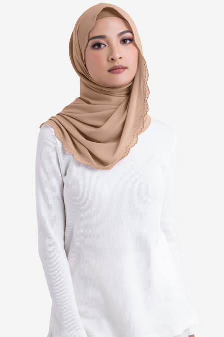 Ruvel Embroidered Scallop Headscarf - Milk Coffee