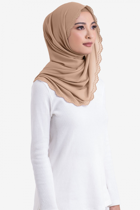 Ruvel Embroidered Scallop Headscarf - Milk Coffee