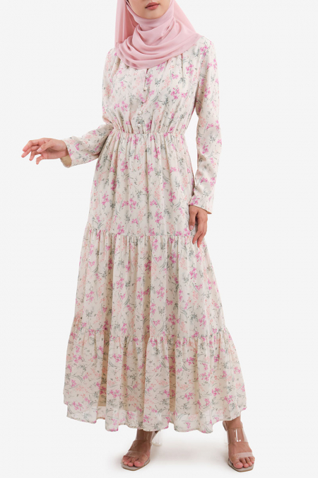 Lakita Gathered Tier Maxi Dress - Cream Floral