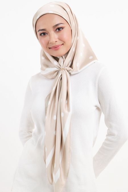Andie Satin Printed Square Headscarf - Beige/White Dots