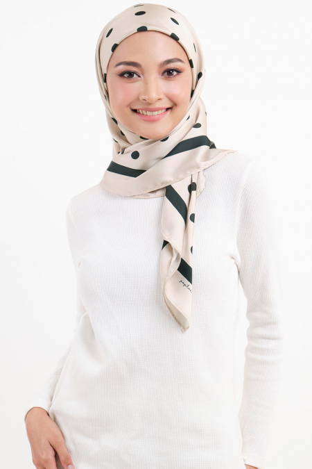 Andie Satin Printed Square Headscarf - Beige/Black Dots