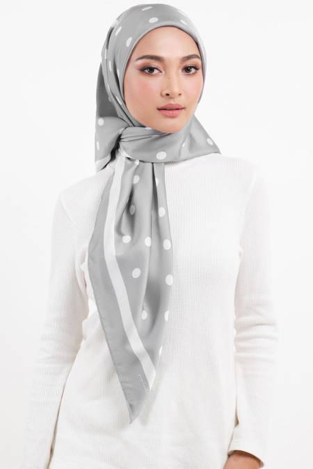 PRE-ORDER Andie Satin Printed Square Headscarf - Grey/White Dots