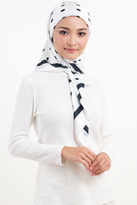 PRE-ORDER Andie Satin Printed Square Headscarf - White/Black Dots