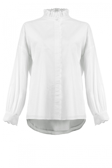 Ricaela Frilled Neck Embroidered Blouse - White