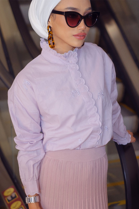 Ricaela Frilled Neck Embroidered Blouse - Lilac