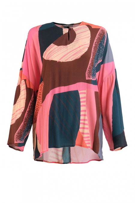 Haryati Drop Shoulder Rayon Blouse - Pink/Teal Abstract