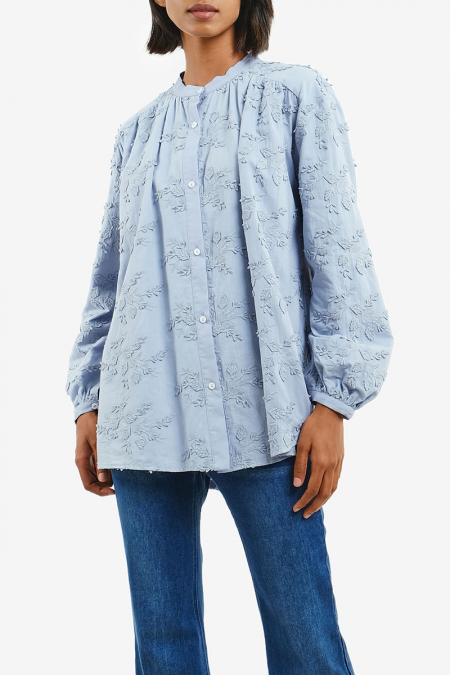 Lurena Embroidered Front Button Blouse - Blue Bell