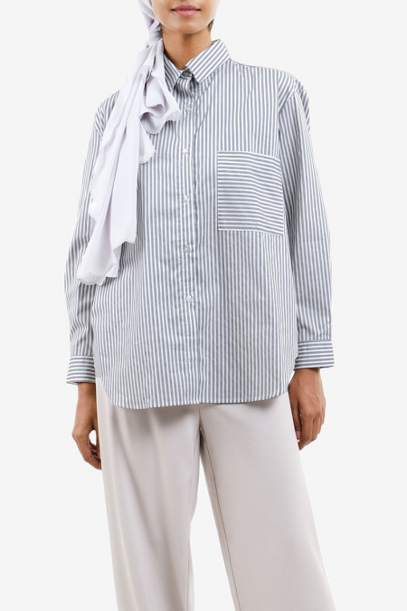 Moniya Front Button Shirt - Grey Mini Stripe