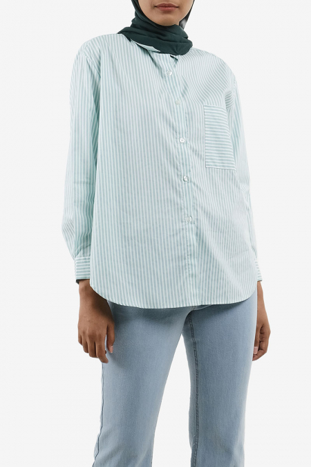 Moniya Front Button Shirt - Mint Mini Stripe