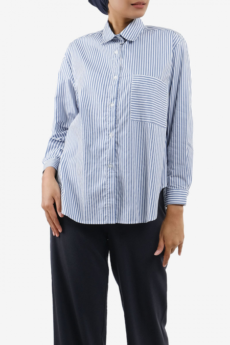 Moniya Front Button Shirt - Blue Mini Stripe