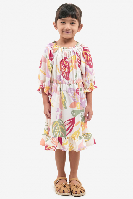 KIDS Bellarose Gathered Tier Dress - Cream Tropical