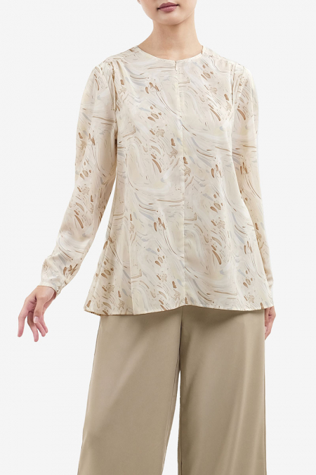 Liby Flared Blouse - Beige Abstract