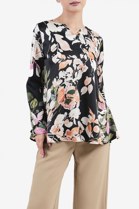 Jenifer V-Neck Flare Blouse - Black Floral
