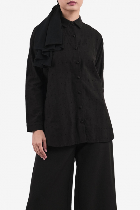 Rida Embroidered Front Button Shirt - Raven