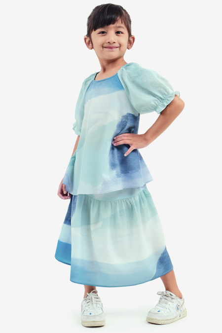 KIDS Evana Flared Blouse - Blue Abstract