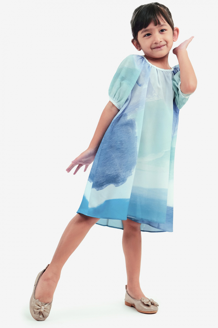 KIDS Jemimah Raglan Sleeve Dress - Blue Abstract
