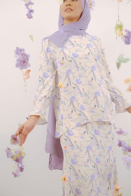 Fahara Puff Shoulder Blouse - Beige Floral Paint