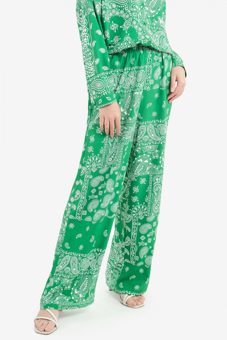 Queena Elastic Waist Pants - Green Scarf