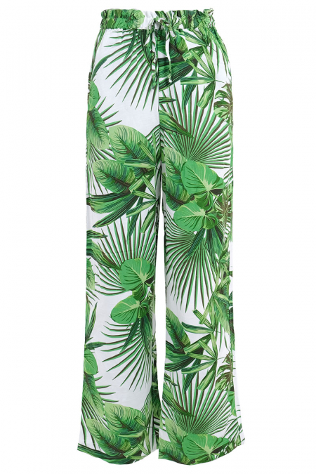 Tiphanie Elastic Waist Pants - White/Green Leaves