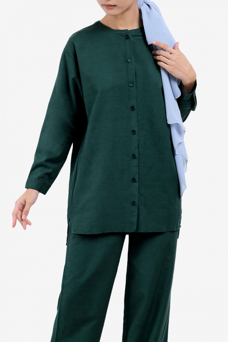 Lowena Front Button Blouse - Hunter Green