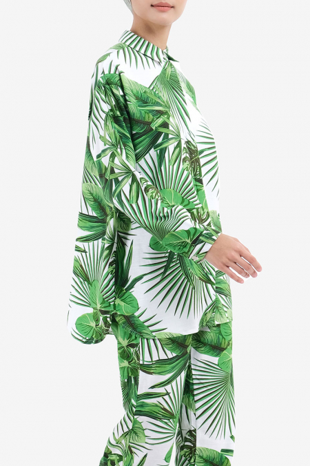 Evaleen Front Button Shirt - White/Green Leaves
