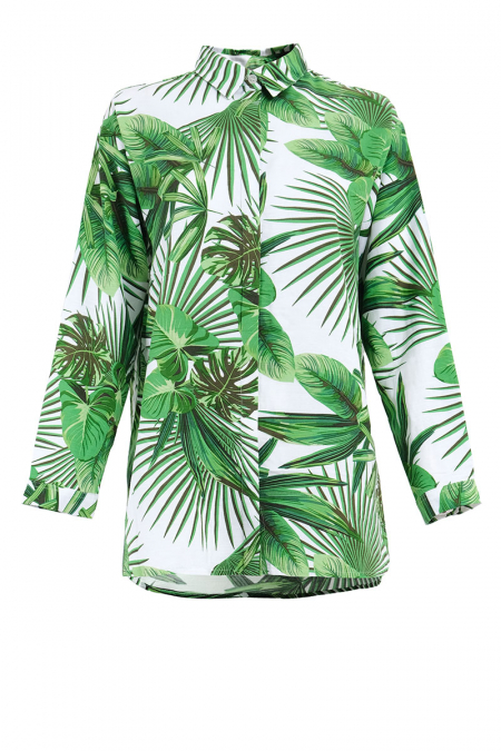 Evaleen Front Button Shirt - White/Green Leaves