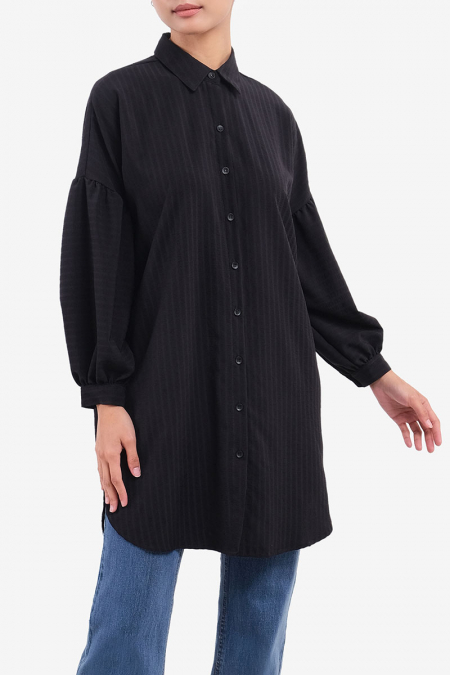 Evalyn Front Button Shirt Tunic - Black
