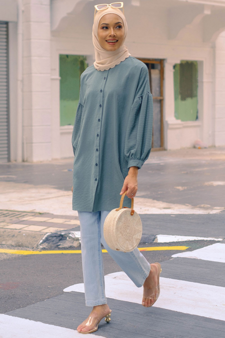 Evalyn Front Button Shirt Tunic - Ocean Teal
