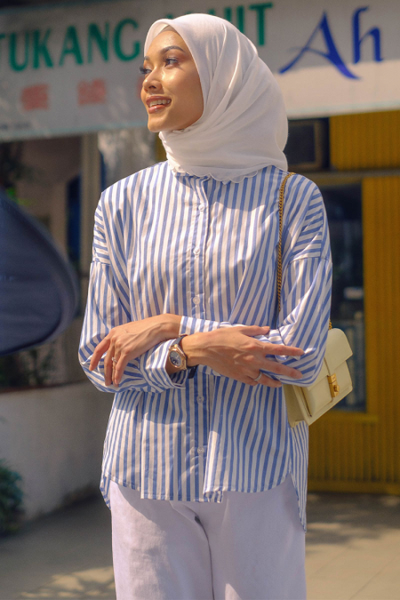 Lilyanne Front Button Shirt - Blue/White Stripe