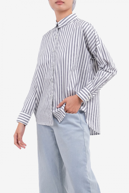 Lilyanne Front Button Shirt - Grey/White Stripe