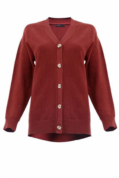 Amandine Ribbed Front Button Cardigan - Henna
