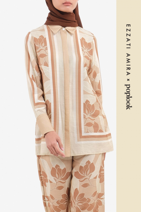 Freedom Front Button Shirt - Beige Abstract Bloom