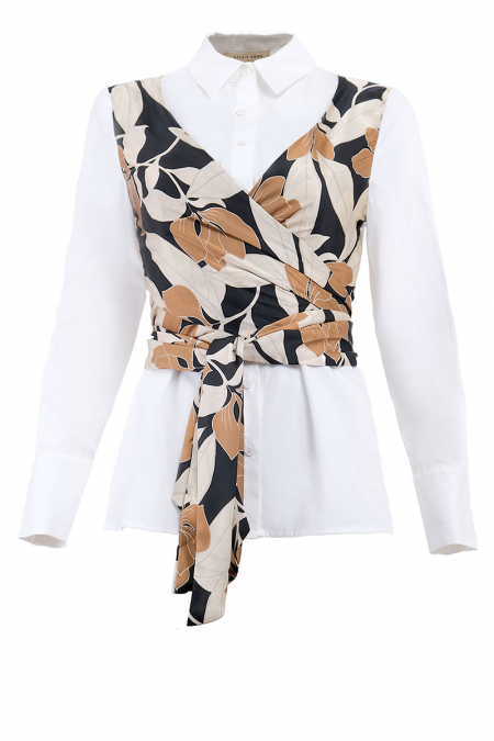 Confidence Tie-Front Button Shirt - White/Abstract Bloom