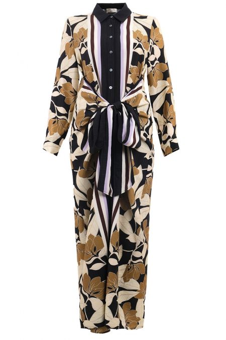 Tolerance Tie-Front Button Dress - Black Abstract Bloom