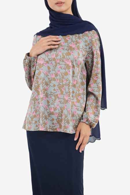Kahlin Flared Blouse - Teal/Pink Peony