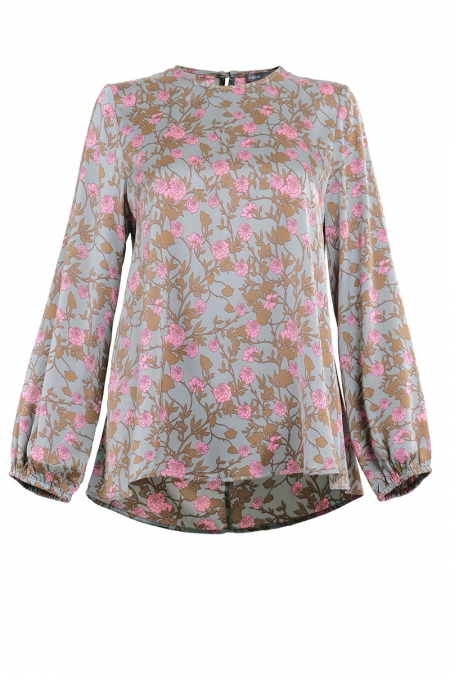 Kahlin Flared Blouse - Teal/Pink Peony
