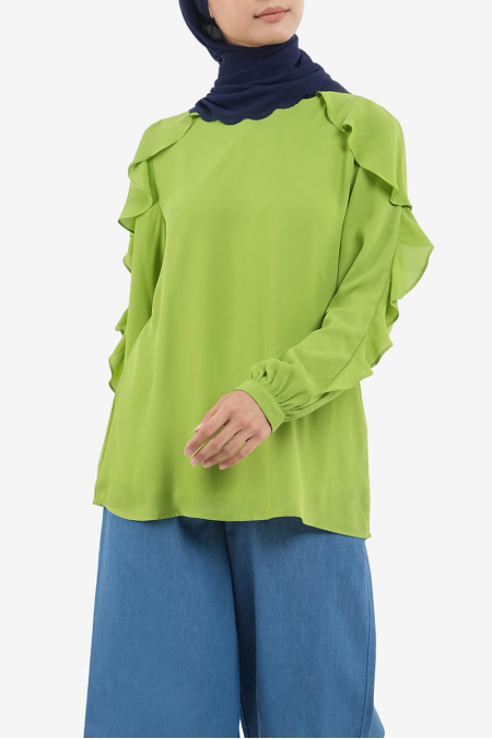 Meyla Ruffle Sleeve Blouse - Apple Green