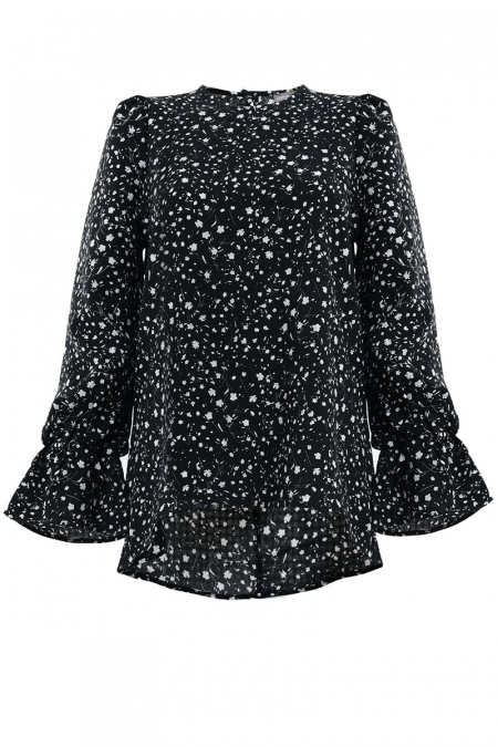 Cataleya Puff Shoulder Blouse - Black/White Flower