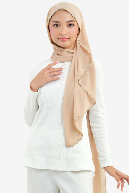 Gionna Embroidered Scallop Headscarf - Beige