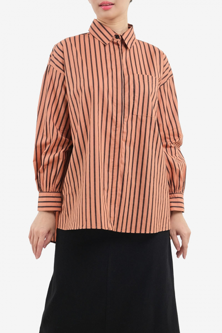 Makena Front Button Shirt - Deep Salmon Stripe