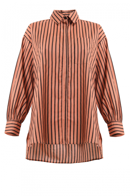 Makena Front Button Shirt - Deep Salmon Stripe