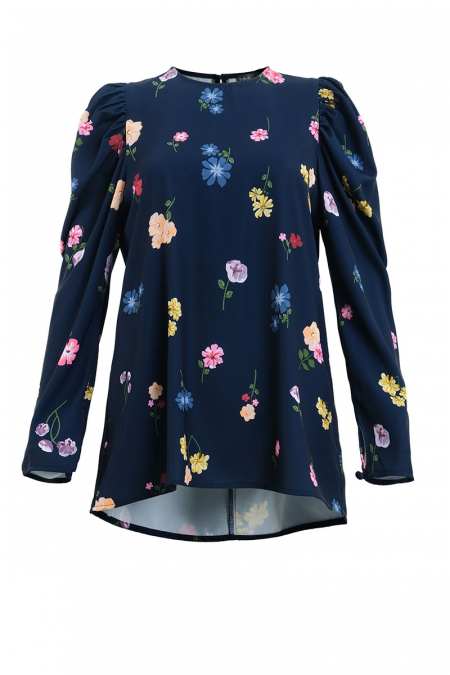 Lidea Puff Shoulder Blouse - Navy Print