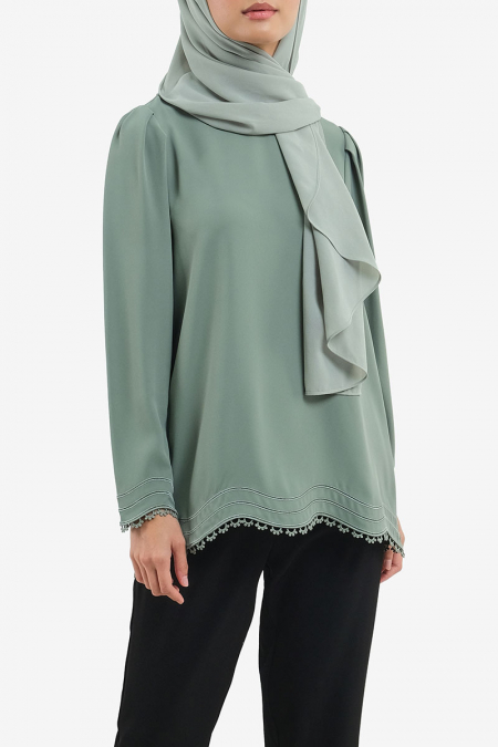 Prisca High Neck Flared Blouse - Moss Green